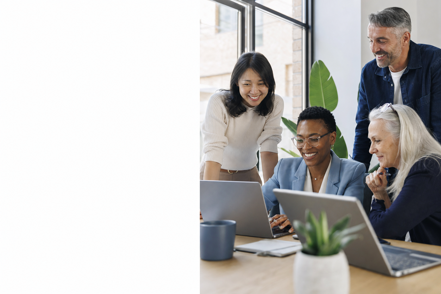 Diverse MeridiaCare team collaborating in a modern office